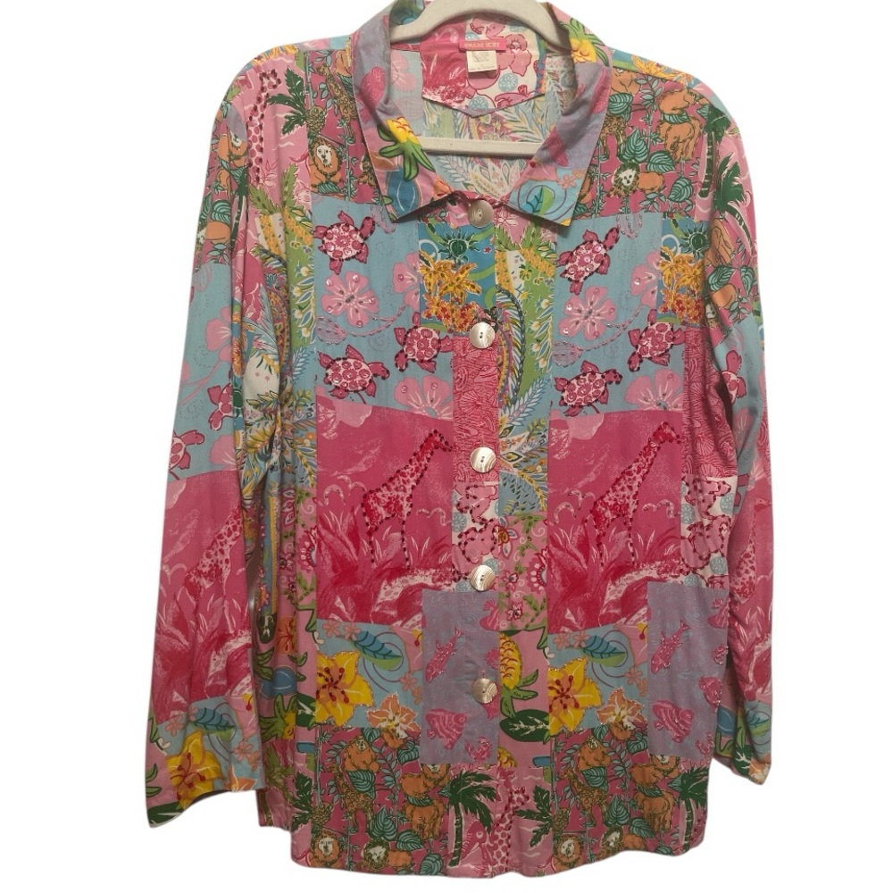 Tropical Resort Turtle Floral Pineapple Palm Tree Giraffe Beaded Top size medium